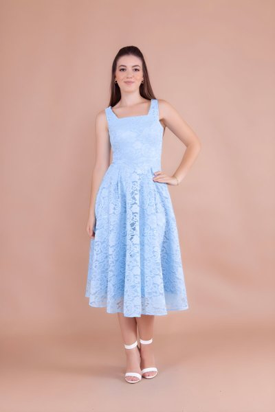 Midi French Lace Square Neck Thick Strap Evening Dress - Baby Blue