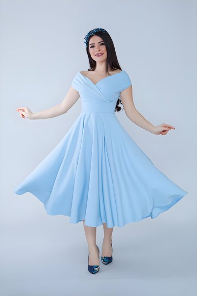 Midi Flared Boat-Neck Evening Dress - Baby Blue