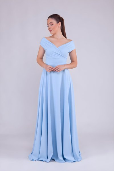 Bebe Mavi Uzun Kayık Yaka Abiye Elbise