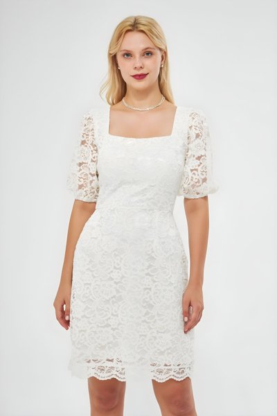 Beyaz Fransız Dantel Mini Balon Kol Abiye Elbise