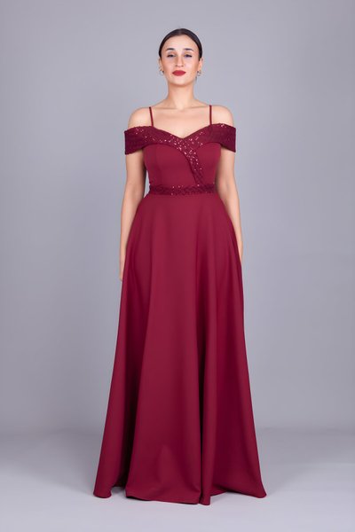 Bordo Kareli Uzun Kloş Payet Detaylı Abiye Elbise