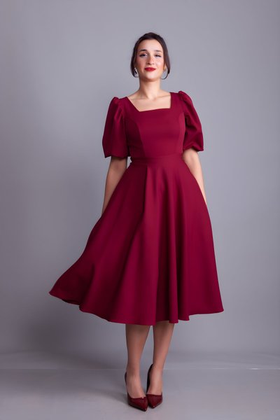 Midi Square-Neck Balloon-Sleeve Evening Dress - Burgundy