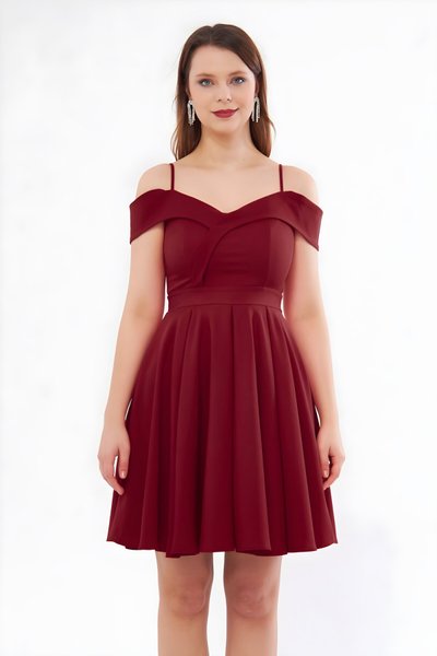 Bordo Mini Askılı Kloş Pileli Kayık Yaka Abiye Elbise