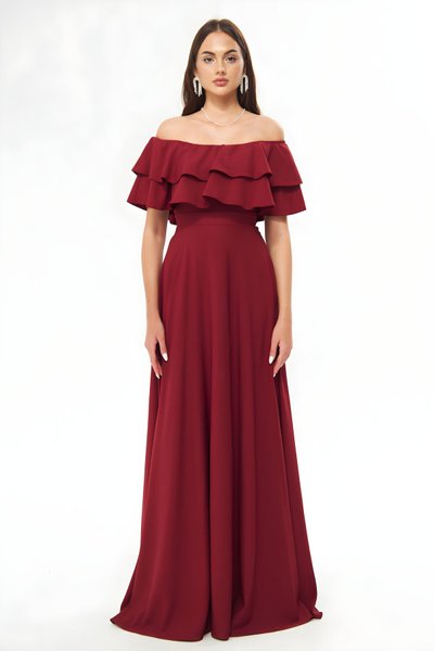 Bordo Uzun Kloş Düşük Omuz Fırfır Detaylı Abiye Elbise