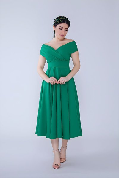 Midi Flared Woven Boat-Neck Evening Dress - Grass Green
