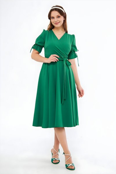 Midi Surplice Neck Ruched Dress - Grass Green