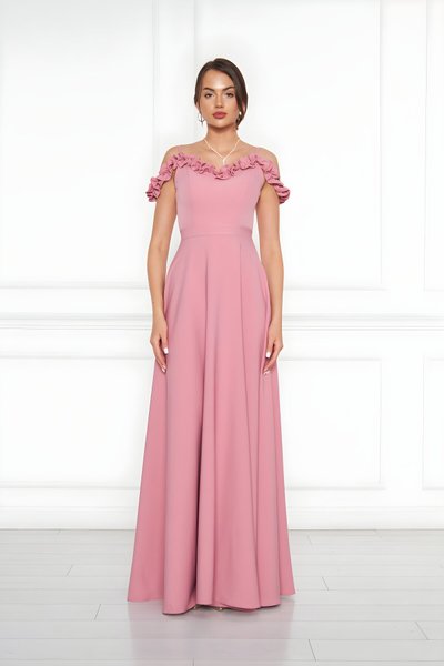 Gül Kurusu Uzun Straplez Kloş Fırfır Detaylı Abiye Elbise