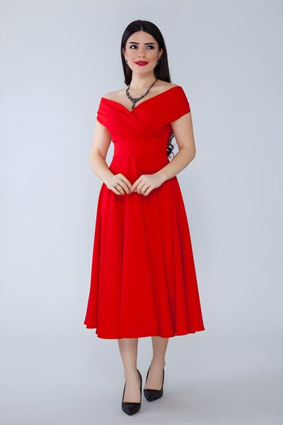 Midi Flared Boat Neck Evening Dress - Red