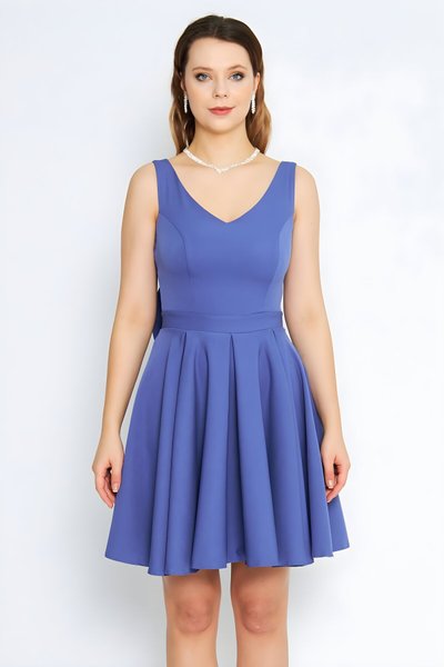 Kot Mavi Mini Kloş Sırtı Fiyonklu Abiye Elbise