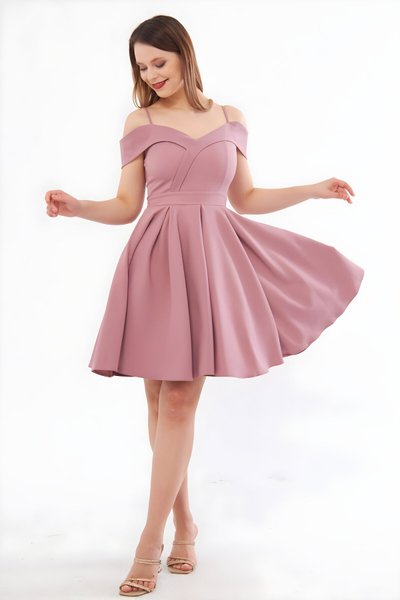 Koyu Gül Mini Kloş Askılı Kayık Yaka Pileli Abiye Elbise