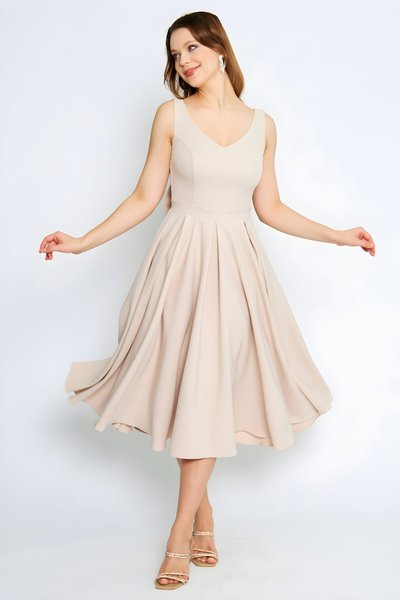 Midi Flared Pleated Backless Evening Dress - Cream