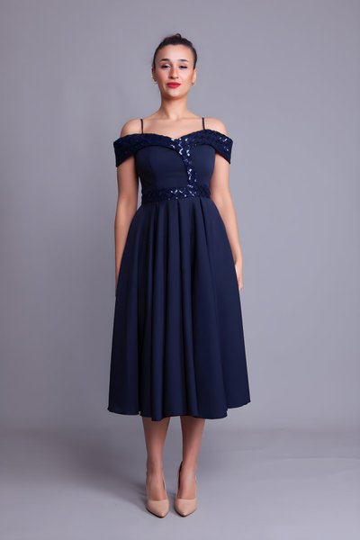 Lacivert Kareli Midi Askılı Payet Detaylı Abiye Elbise