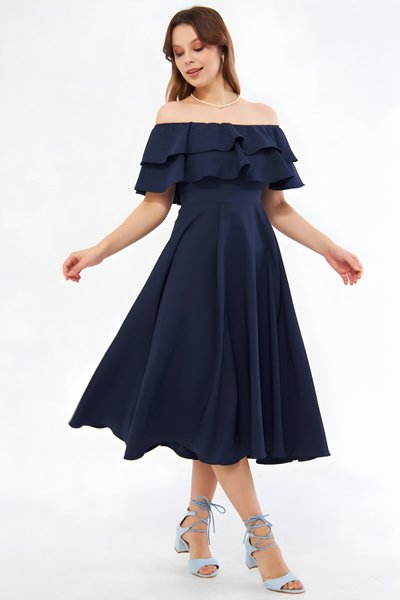 Lacivert Midi Dökümlü Fırfır Yaka Düşük Omuz Abiye Elbise