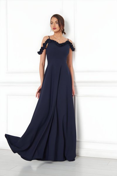 Lacivert Uzun Kloş Fırfır Detaylı Abiye Elbise