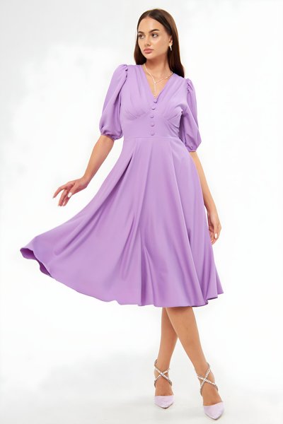 Leylak Midi Balon Kol V Yaka Korsaj Detaylı Abiye Elbise