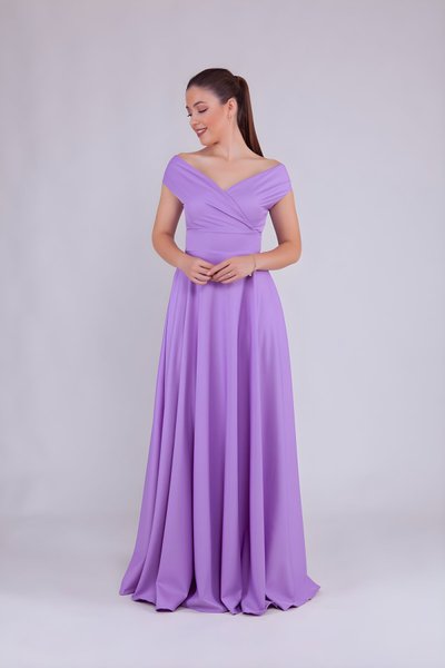 Leylak Uzun Kayık Yaka Abiye Elbise