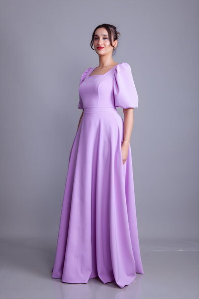 Lila Uzun Kare Yaka Balon Kol Abiye Elbise