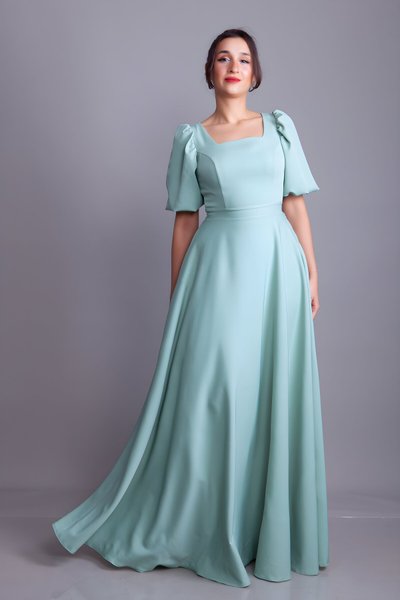 Long Square-Neck Balloon-Sleeve Evening Dress - Mint Green