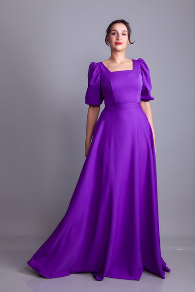 Mor Uzun Kare Yaka Balon Kol Abiye Elbise