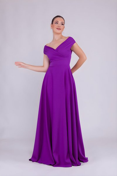 Mor Uzun Kayık Yaka Abiye Elbise