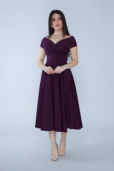 Midi Flared Flowy Boat-Neck Evening Dress - Damson