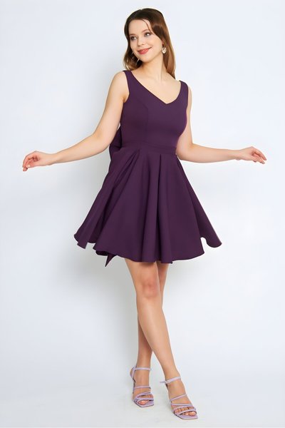 Mürdüm Mini V Yaka Pileli Kloş Sırt Dekolteli Abiye Elbise