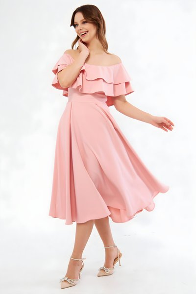 Pudra Midi Dökümlü Düşük Omuz Fırfır Yaka Dokuma Elbise