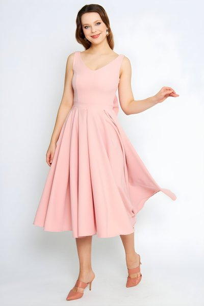 Pudra Midi Pileli Kloş V Yaka Sırtı Fiyonklu Abiye Elbise