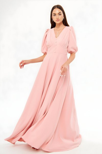 Pudra Uzun Balon Kol V Yaka Kemerli Pileli Abiye Elbise