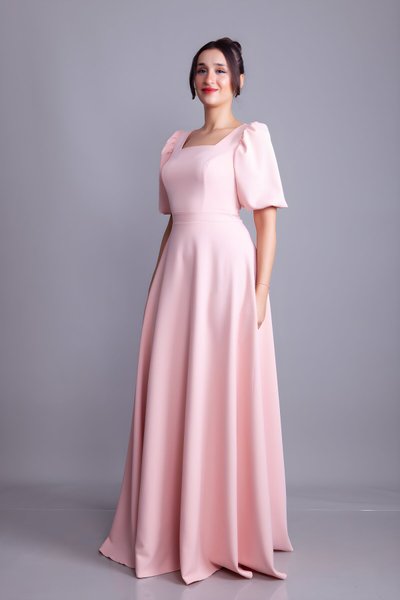 Pudra Uzun Kare Yaka Balon Kol Abiye Elbise