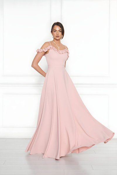 Pudra Uzun Straplez Kloş Fırfır Detaylı Abiye Elbise