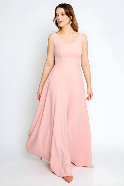 Pudra V Yaka Kloş Sırtı Fiyonklu Abiye Elbise