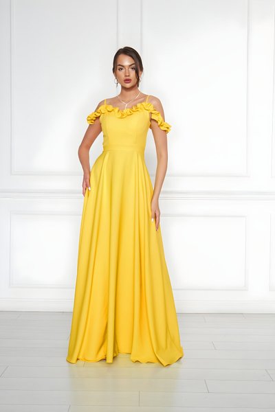 Sarı Uzun Straplez Kloş Fırfır Detaylı Abiye Elbise