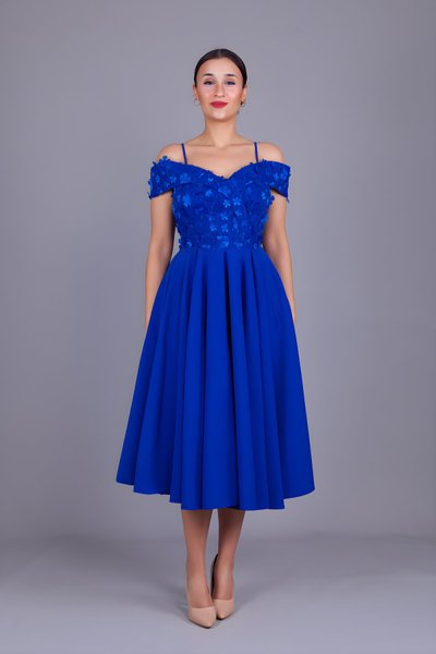 Sax Çiçekli Midi Kloş Tül Detaylı Abiye Elbise