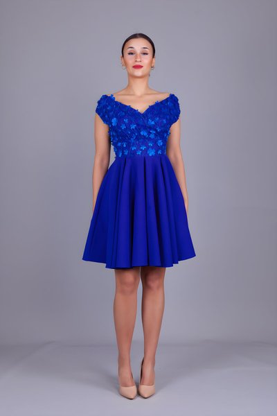 Sax Çiçekli Mini Kayık Yaka Tül Detaylı Abiye Elbise