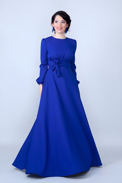 Sax Mavi Beli Büzgülü Kuşaklı Tesettür Abiye Elbise