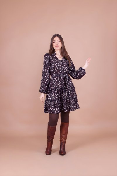 Floral Mini Collar Dress - Black