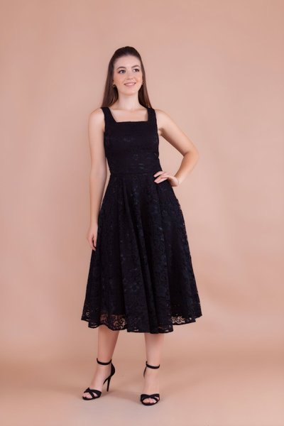 Siyah Fransız Dantel Midi Kare Yaka Abiye Elbise