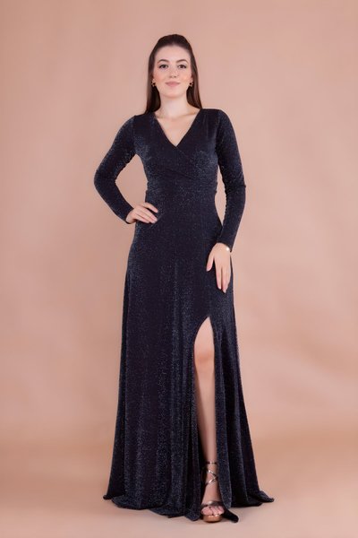 Siyah Simli Uzun Kruvaze Yaka Yırtmaçlı Kol Abiye Elbise