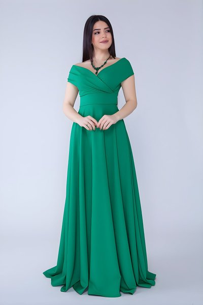 Long Woven Boat Neck Drop Shoulder Evening Dress - Green