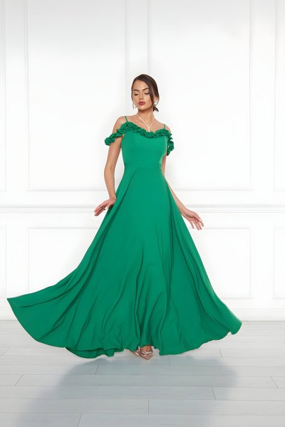 Yeşil Uzun Kloş Fırfır Detaylı Abiye Elbise