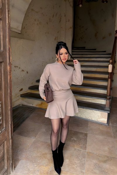 Mini Selanik Knit Ruched Waist Dress - Beige