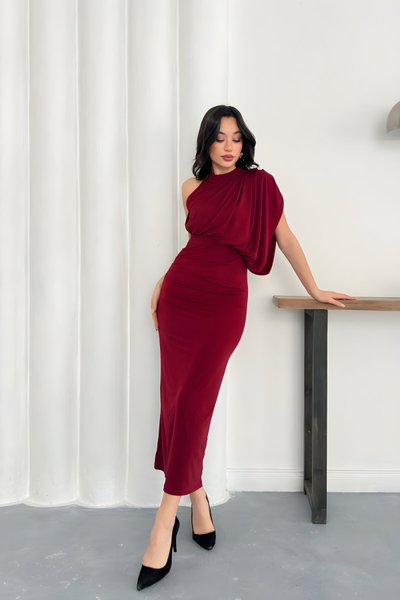 Bordo Uzun Dökümlü Drapeli Tek Omuzlu Abiye Elbise