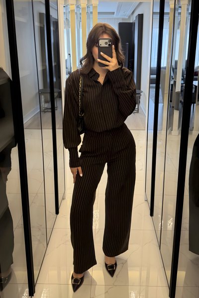 Kahverengi Çizgili Gömlek Pantolon Takım