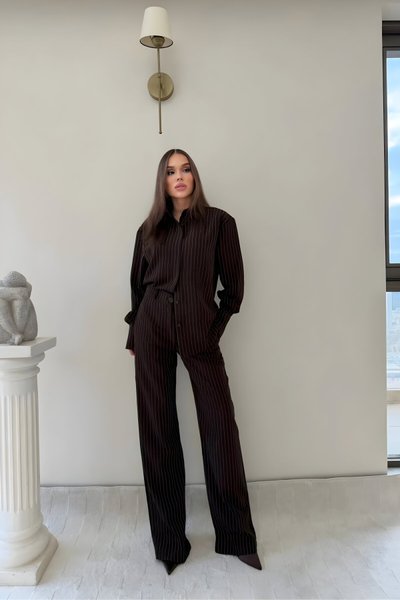 Kahverengi Çizgili Oversize Krep Takım