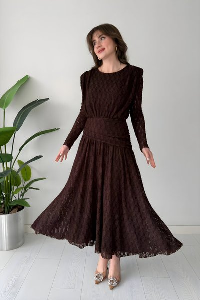 Kahverengi Dantel Güpürlü Uzun Bel Detaylı Elbise