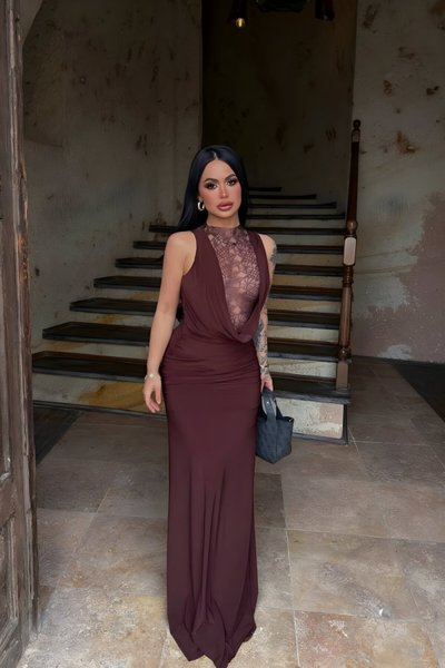 Long Cowl Neck Lace Evening Dress - Brown