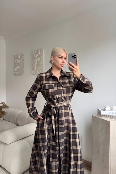 Long Plaid Belted Shirt Dress - Brown
