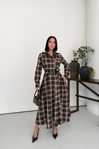 Kahverengi Ekose Uzun Kuşaklı Gömlek Elbise