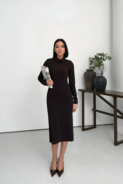 Kahverengi Gömlek Yaka Kalem Midi Elbise